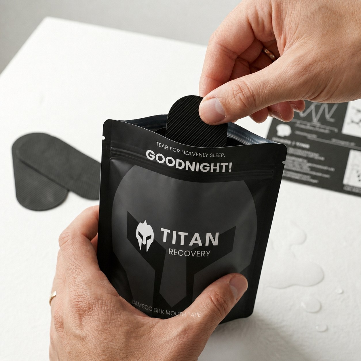Peeling a Titan Recovery Bamboo Silk Mouth Tape strip from the pouch